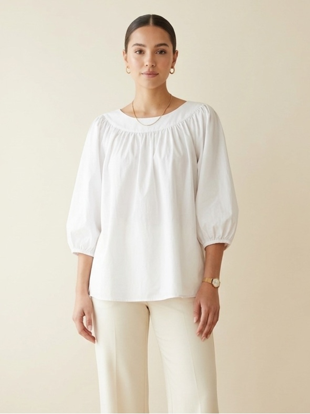 Calvin Klein crisp White Gathered Yoke Blouse 3/4 sleeve minimalist modest